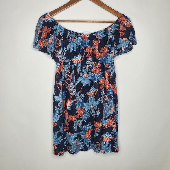 J Jill Tops - J Jill Womens Love Linen Blue Red Floral Off The Shoulder Blouse Size L Ruffled